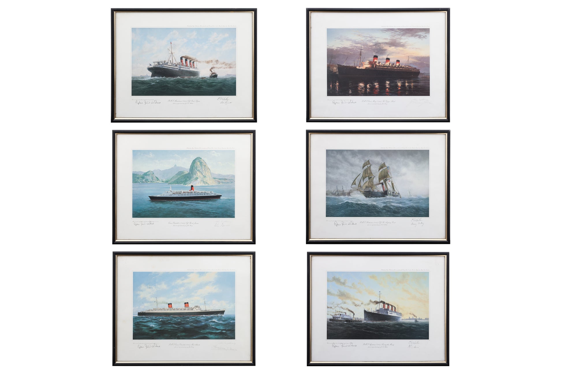 A SET OF SIX MARITIME PRINTS OF FAMOUS CUNARD OCEAN LINERS
