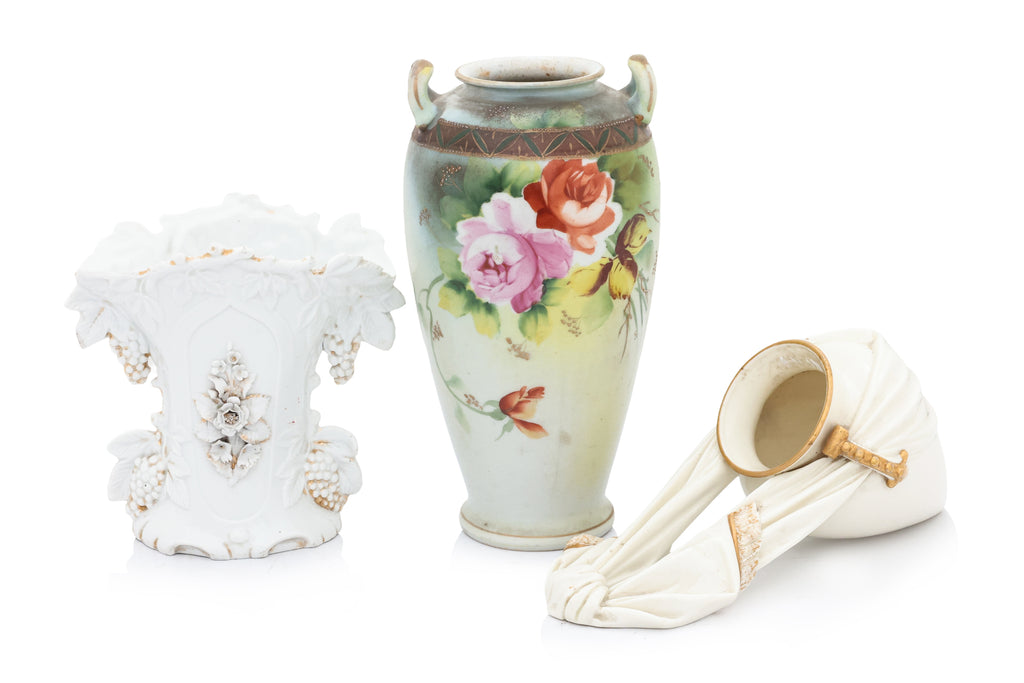TWO PORCELAIN VASES AND A WALL POCKET