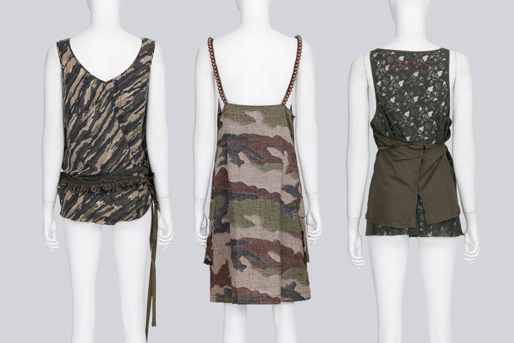 JUNYA WATANABE COMME DES GARCONS - A GROUP OF THREE OLIVE AND CAMO PRINT CAMISOLES