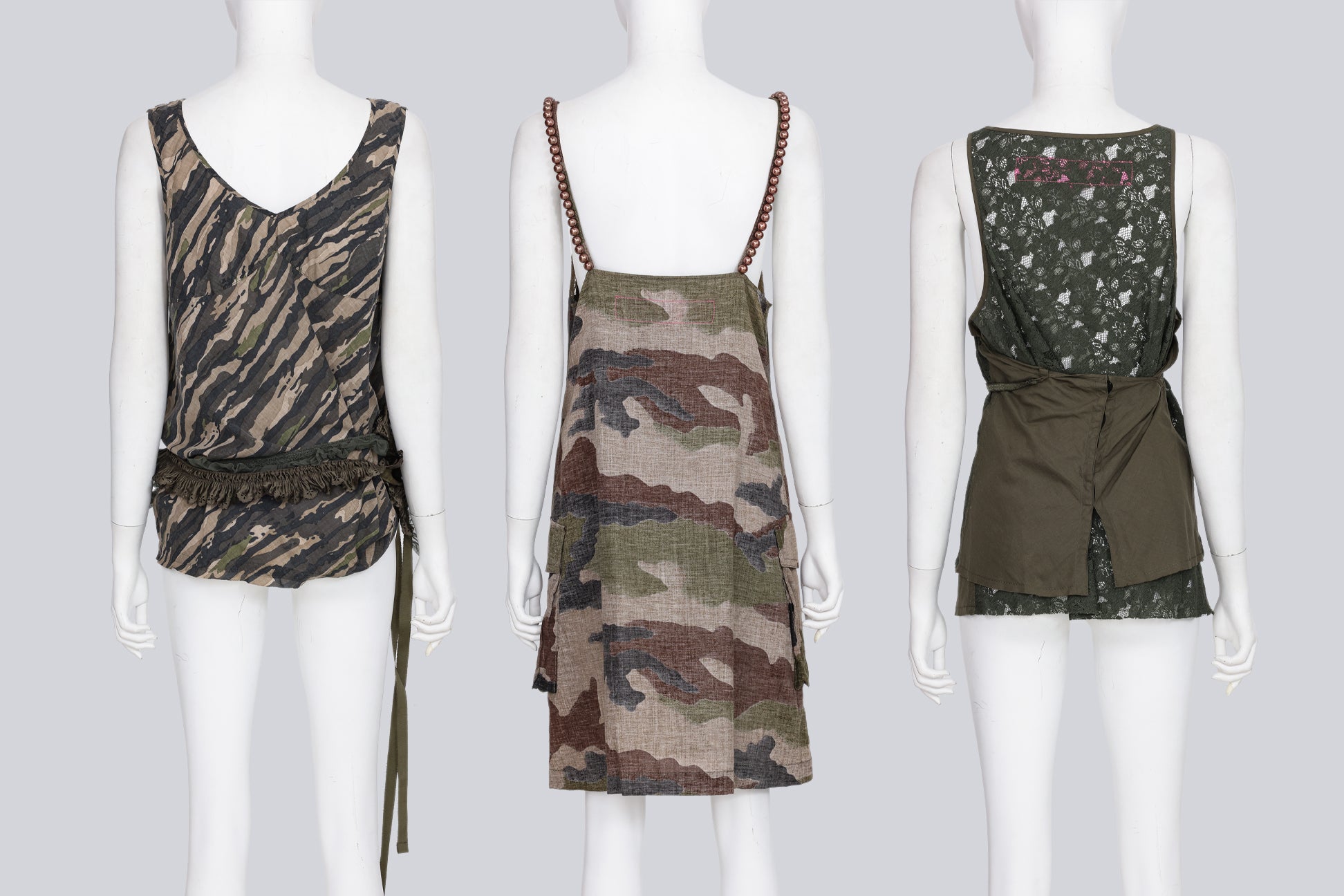 JUNYA WATANABE COMME DES GARCONS - A GROUP OF THREE OLIVE AND CAMO PRINT CAMISOLES