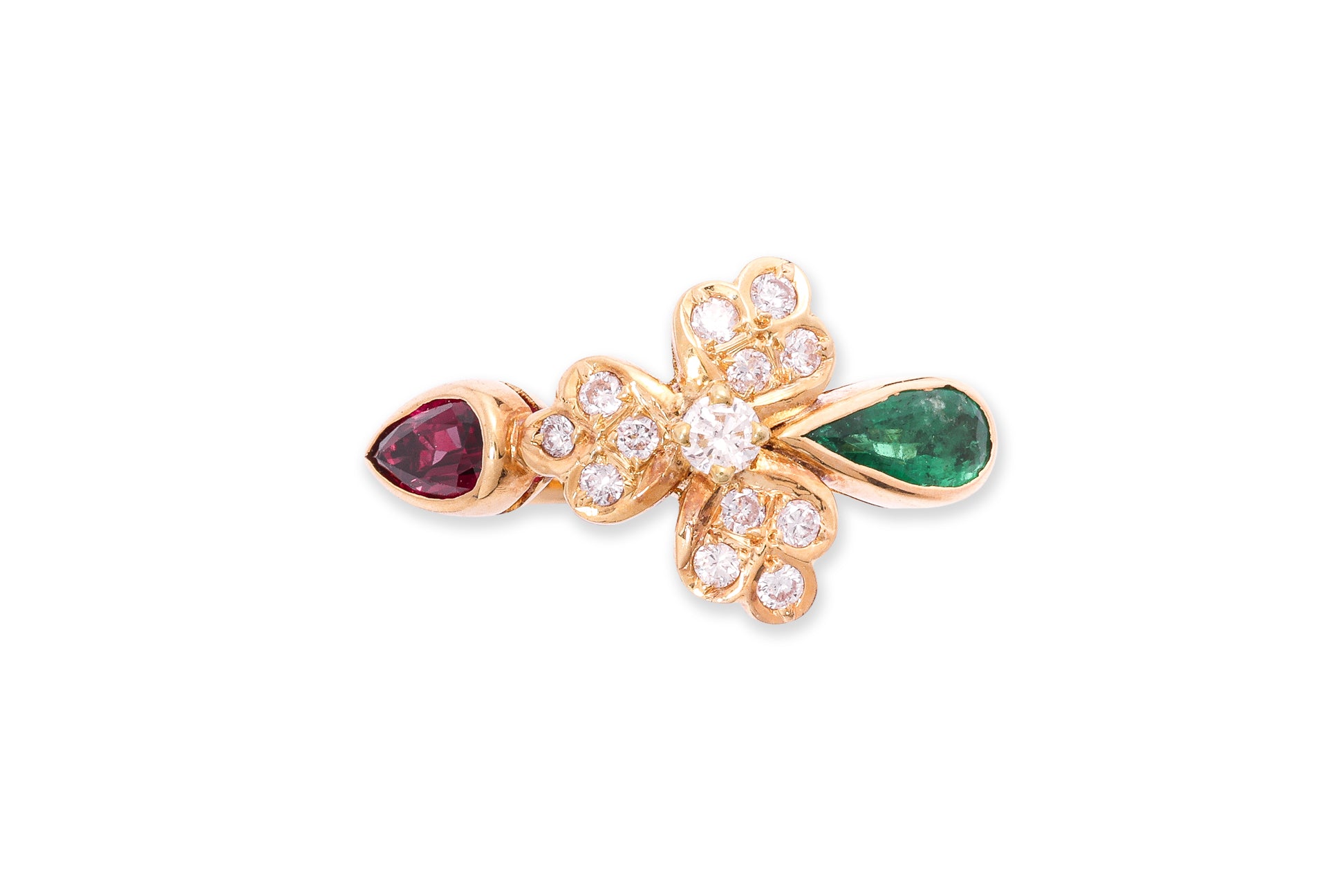 A RUBY, EMERALD AND DIAMOND RING