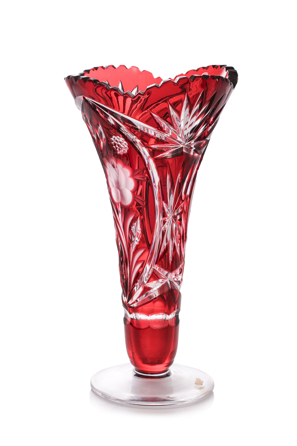THREE LARGE COLOURED CUT TO CLEAR CRYSTAL VASES