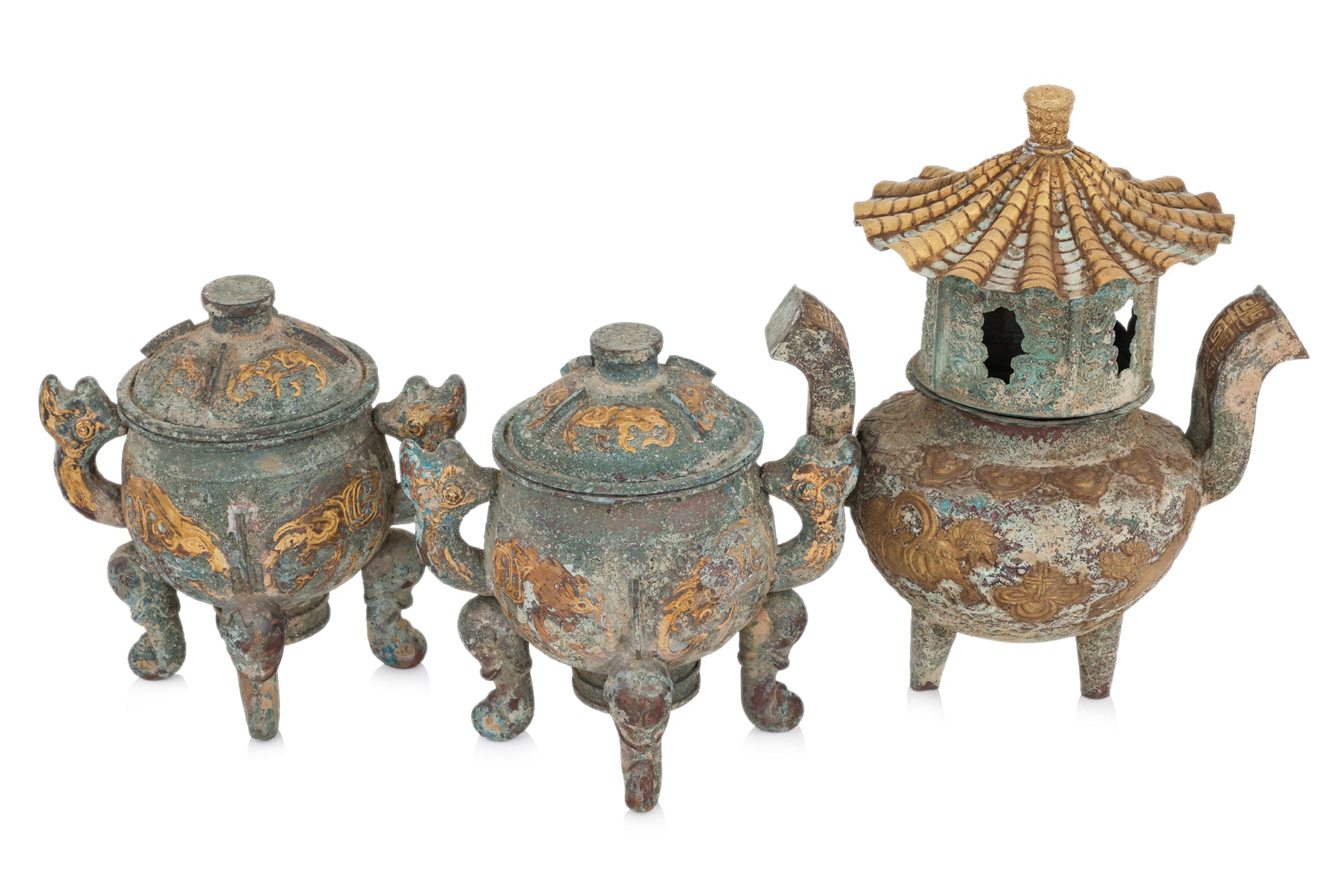 THREE GILT BRONZE CENSERS