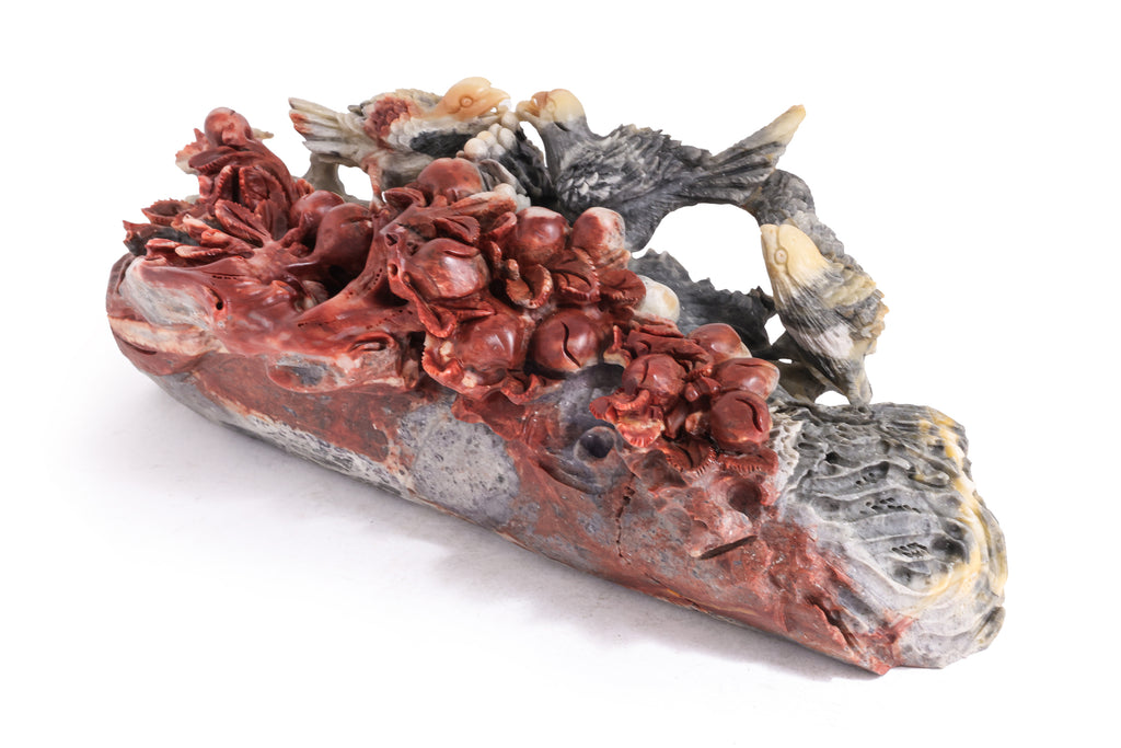 A LARGE SHOUSHAN STONE CARVING OF BIRDS AND FRUIT