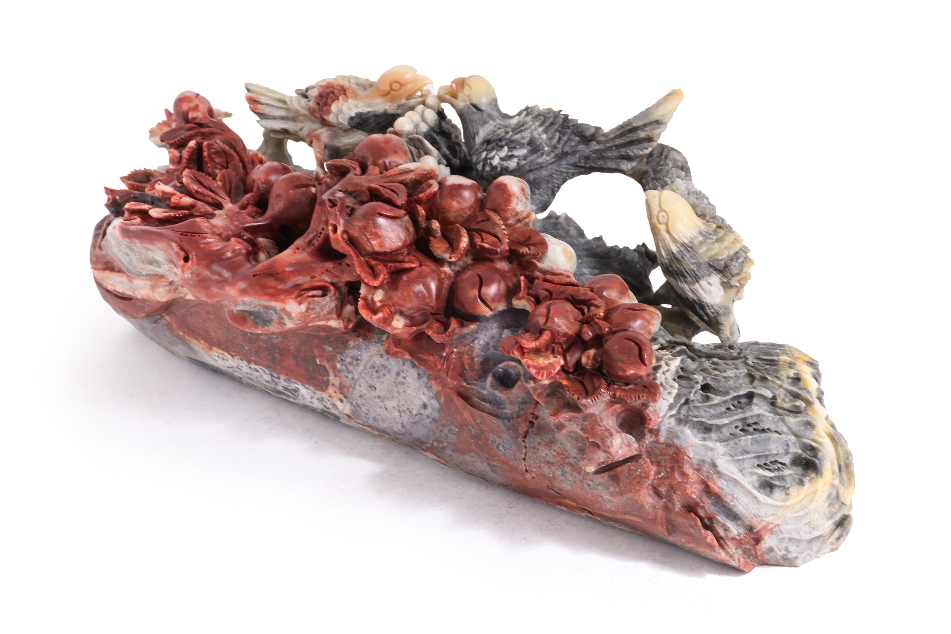 A LARGE SHOUSHAN STONE CARVING OF BIRDS AND FRUIT