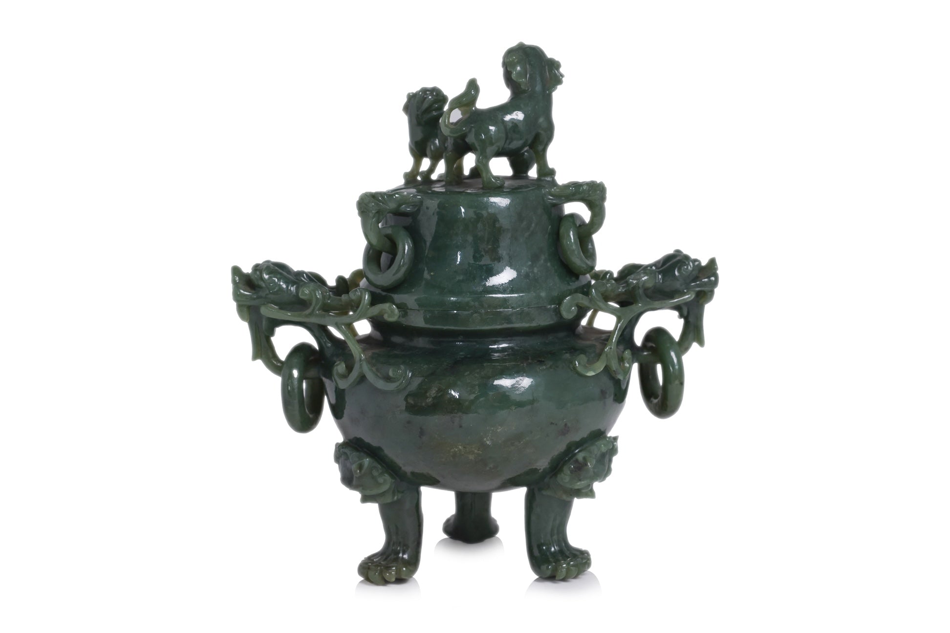 A GREEN JADE TRIPOD CENSER AND COVER