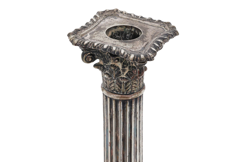 A PAIR OF ENGLISH SILVER PLATED CORINTHIAN COLUMN CANDLESTICKS