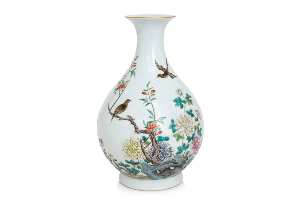A FAMILLE ROSE 'BIRDS AND FLOWERS' BOTTLE VASE