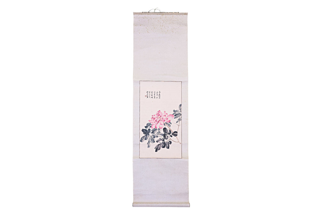 A SCROLL PAINTING OF A PINK PEONY FLOWER