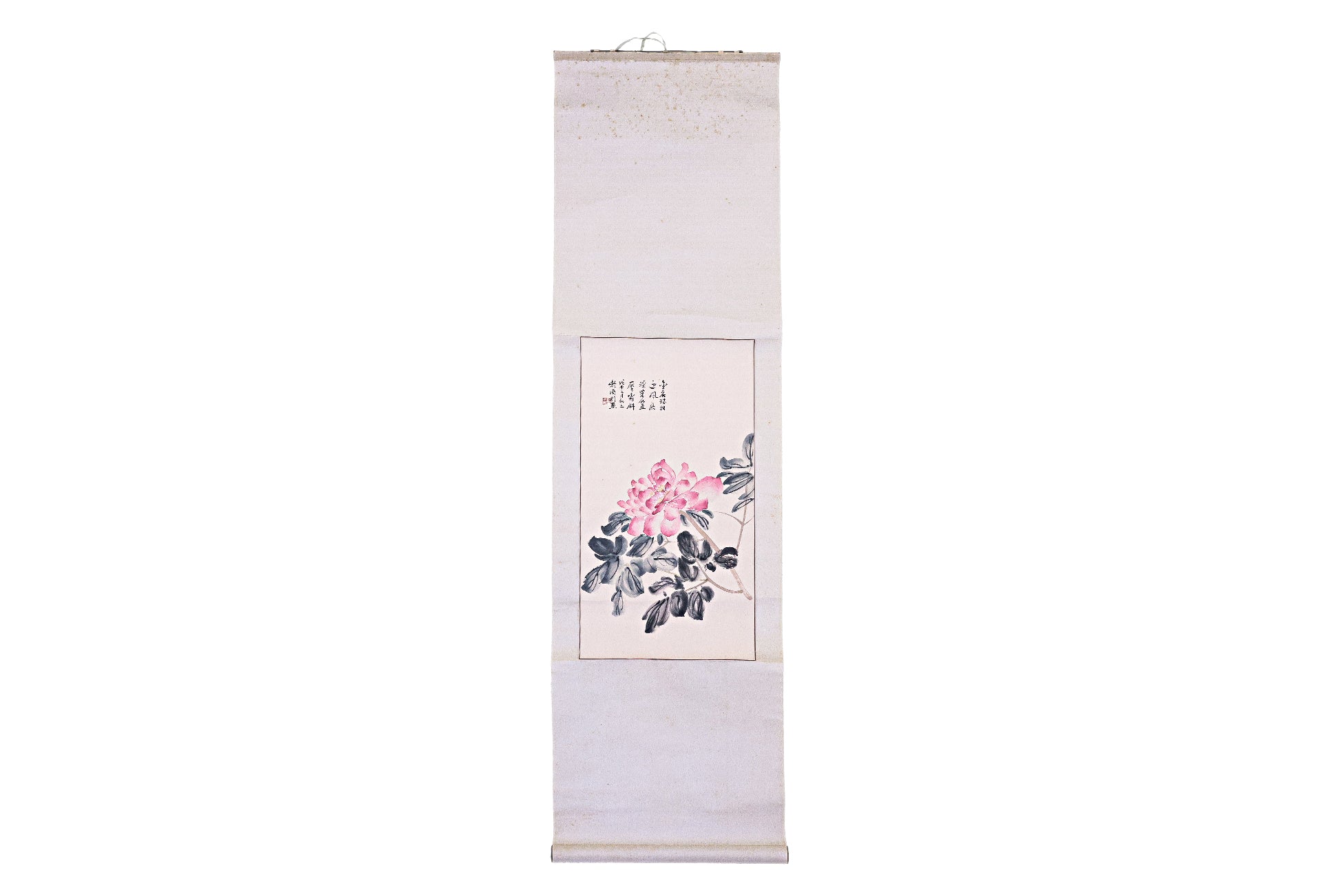 A SCROLL PAINTING OF A PINK PEONY FLOWER