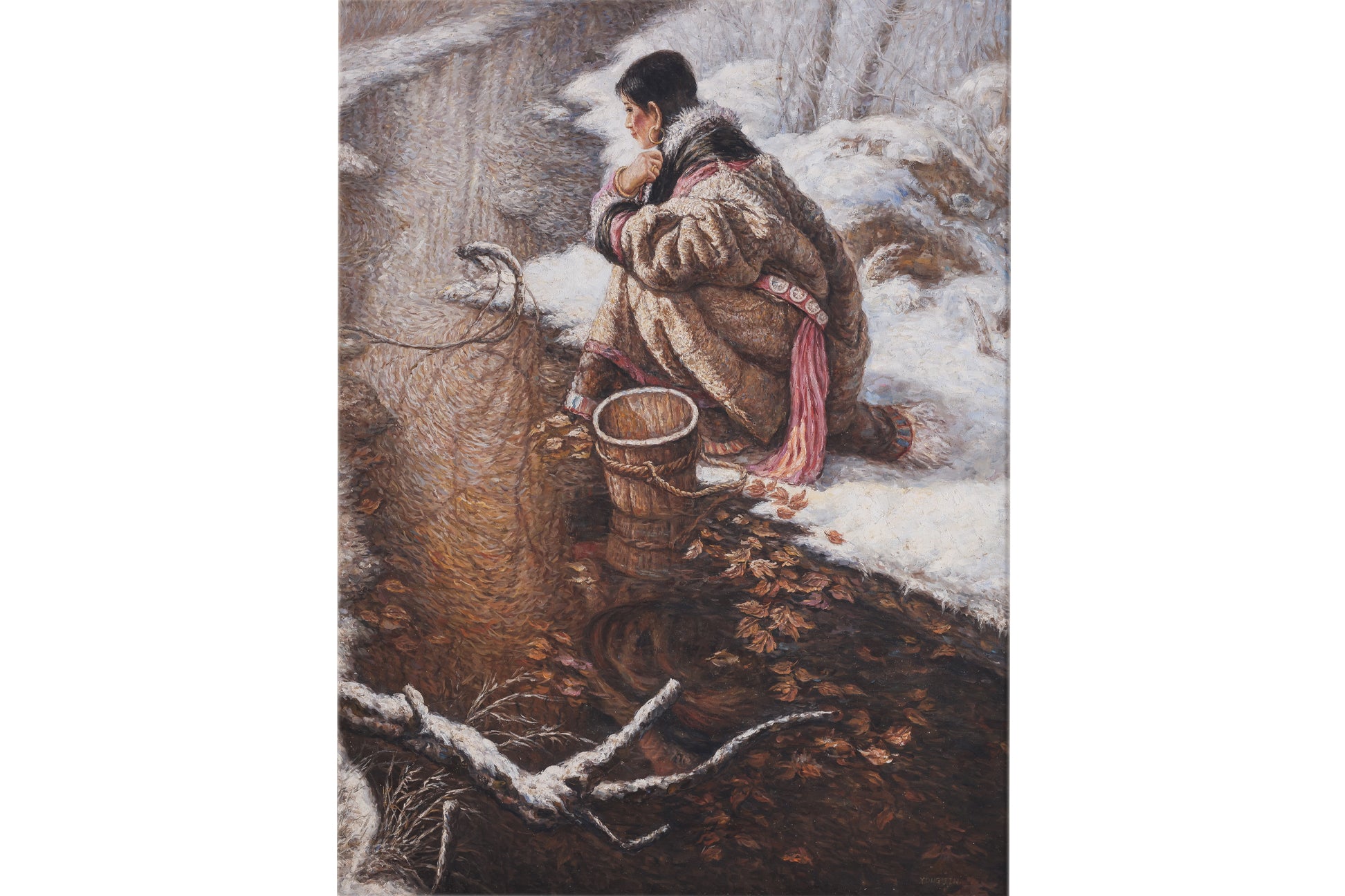 YONG JIN (CHINESE, 20TH CENTURY) - A LADY BESIDE A STREAM IN WINTER