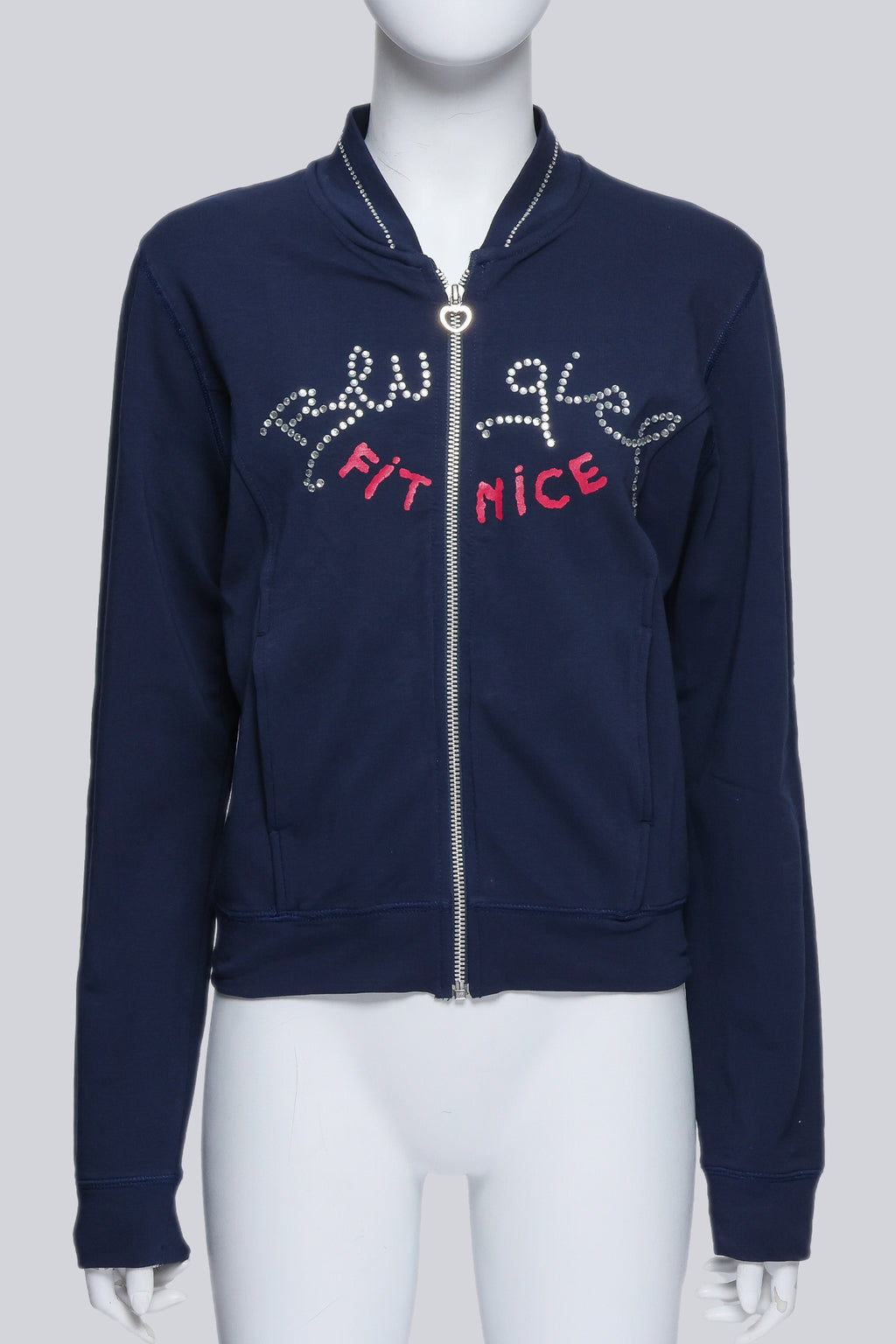BLUGIRL FITNICE - A NAVY BLUE ZIP-UP SWEATER WITH GEM EMBELLISHMENTS