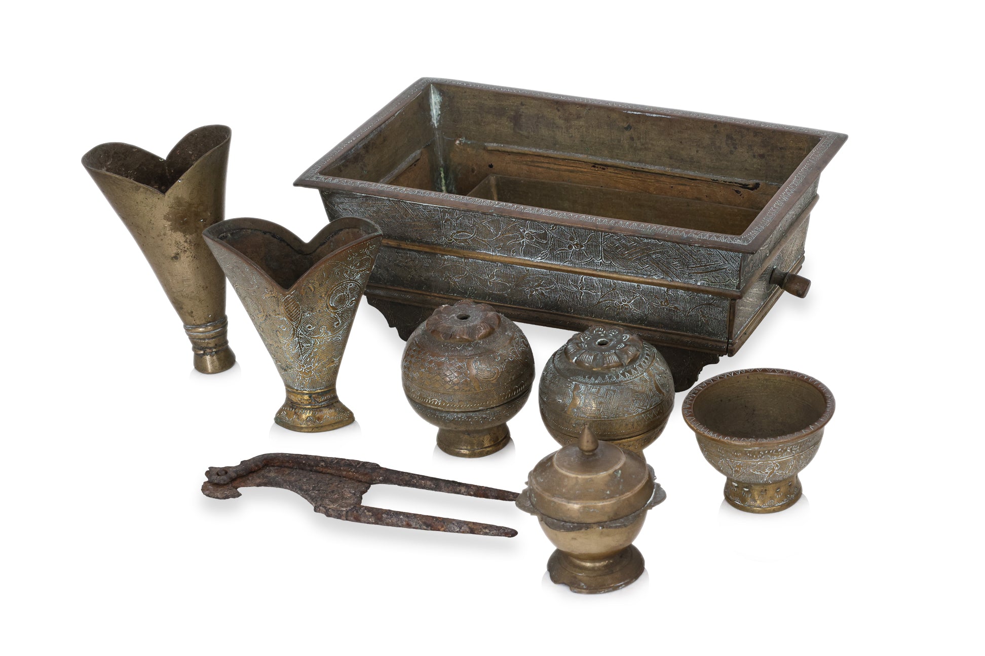 TWO BRASS SIREH SETS WITH BOXES