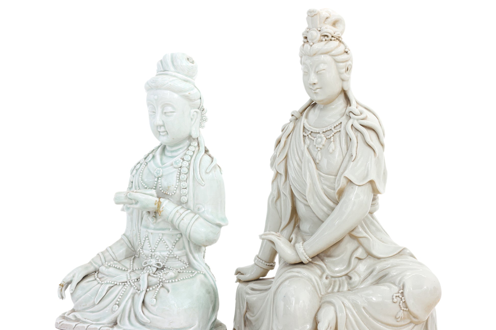 TWO BLANC DE CHINE GLAZED GUANYIN FIGURES