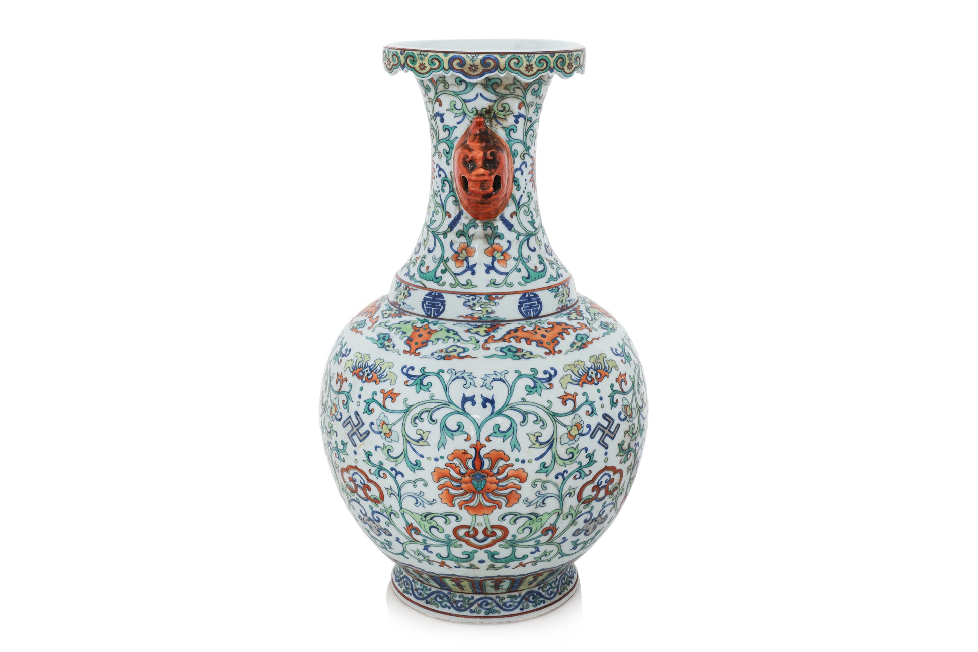 A LARGE DOUCAI VASE WITH MASK HANDLES