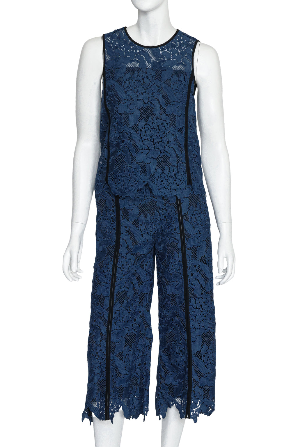 MSGM - A BLUE LACE TOP AND PANTS SET WITH BLACK TRIM