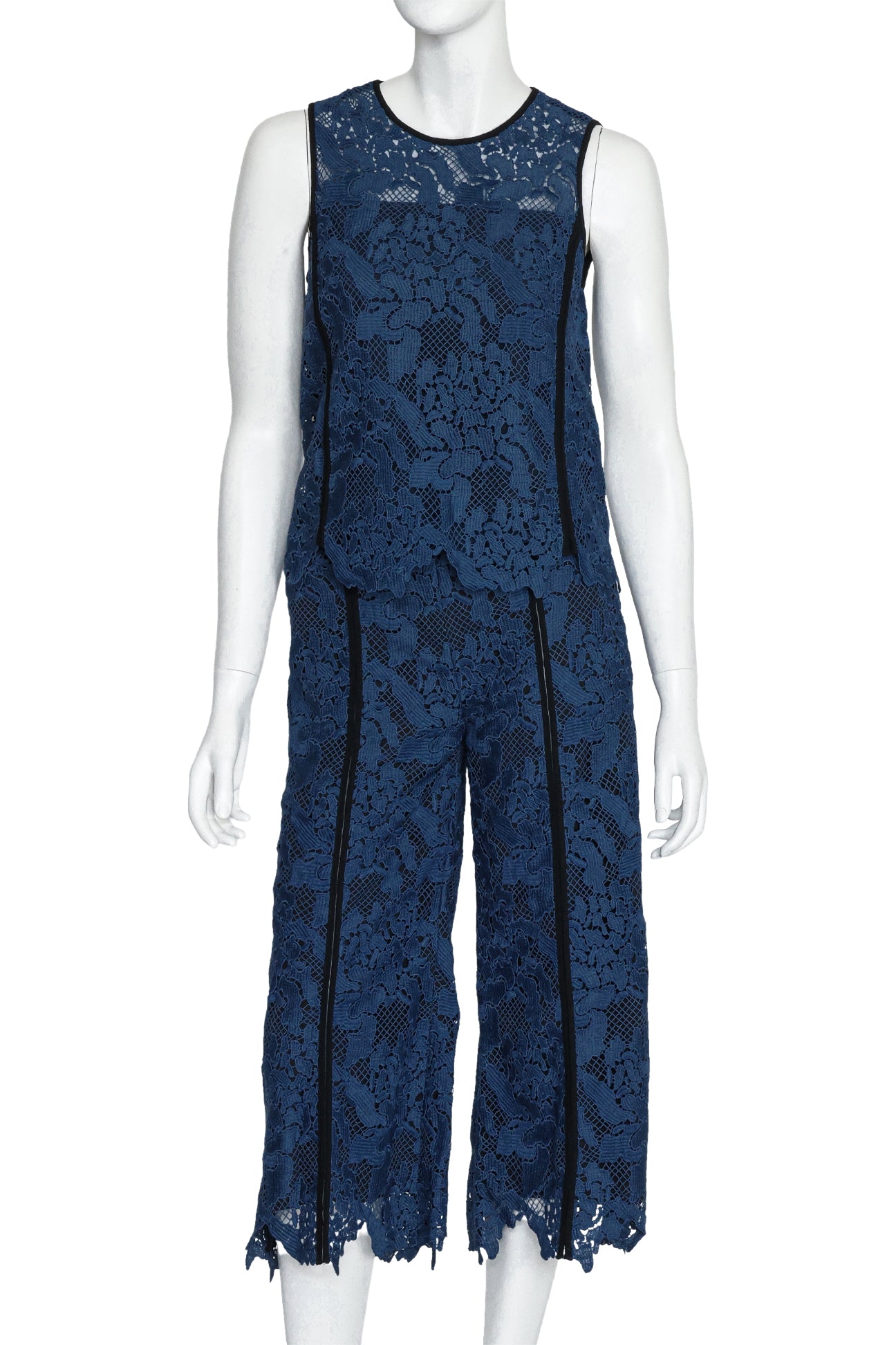 MSGM - A BLUE LACE TOP AND PANTS SET WITH BLACK TRIM