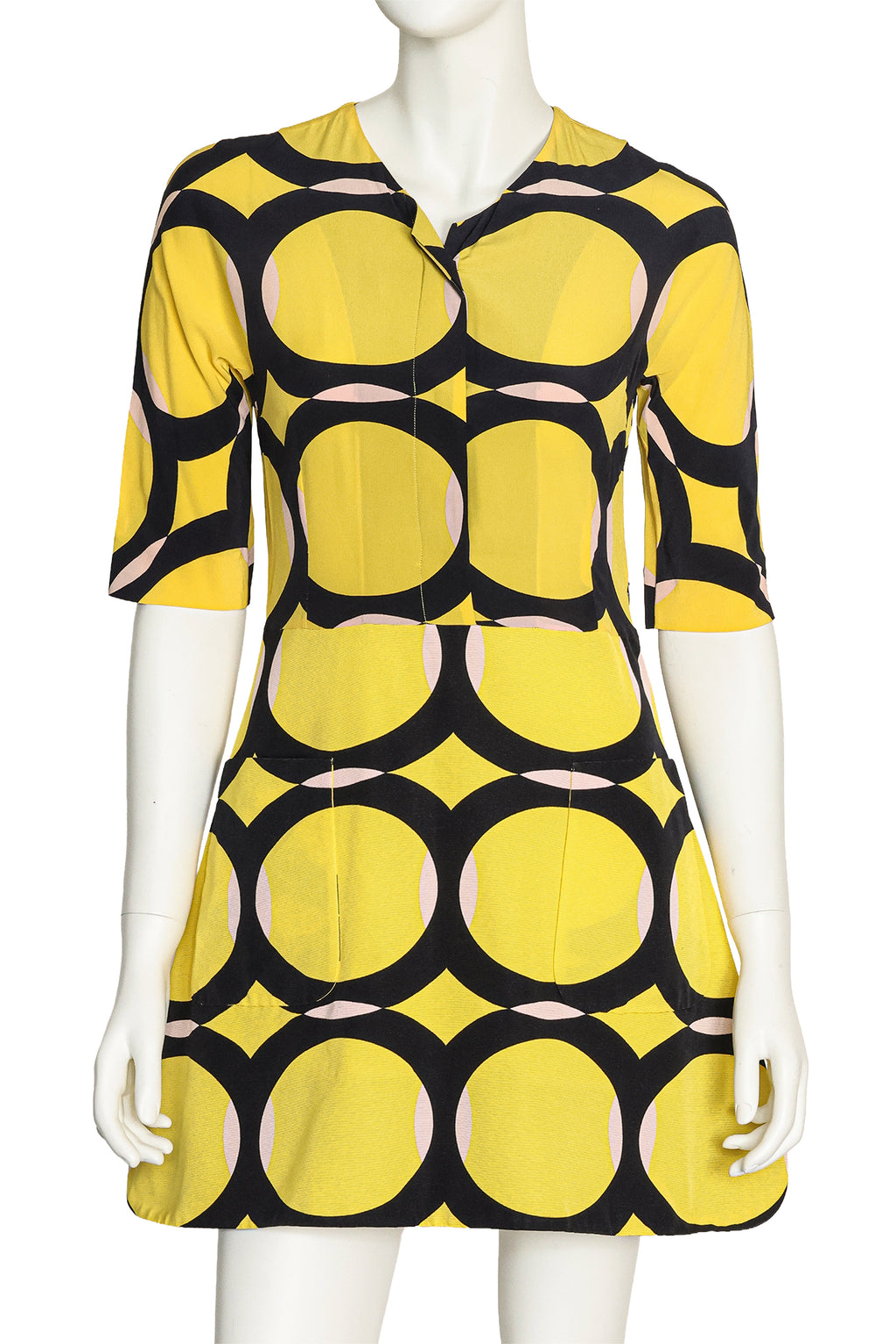 MARNI - A YELLOW AND BLACK CIRCLE PRINT SHORT SLEEVE DRESS, RTW SPRING 2012