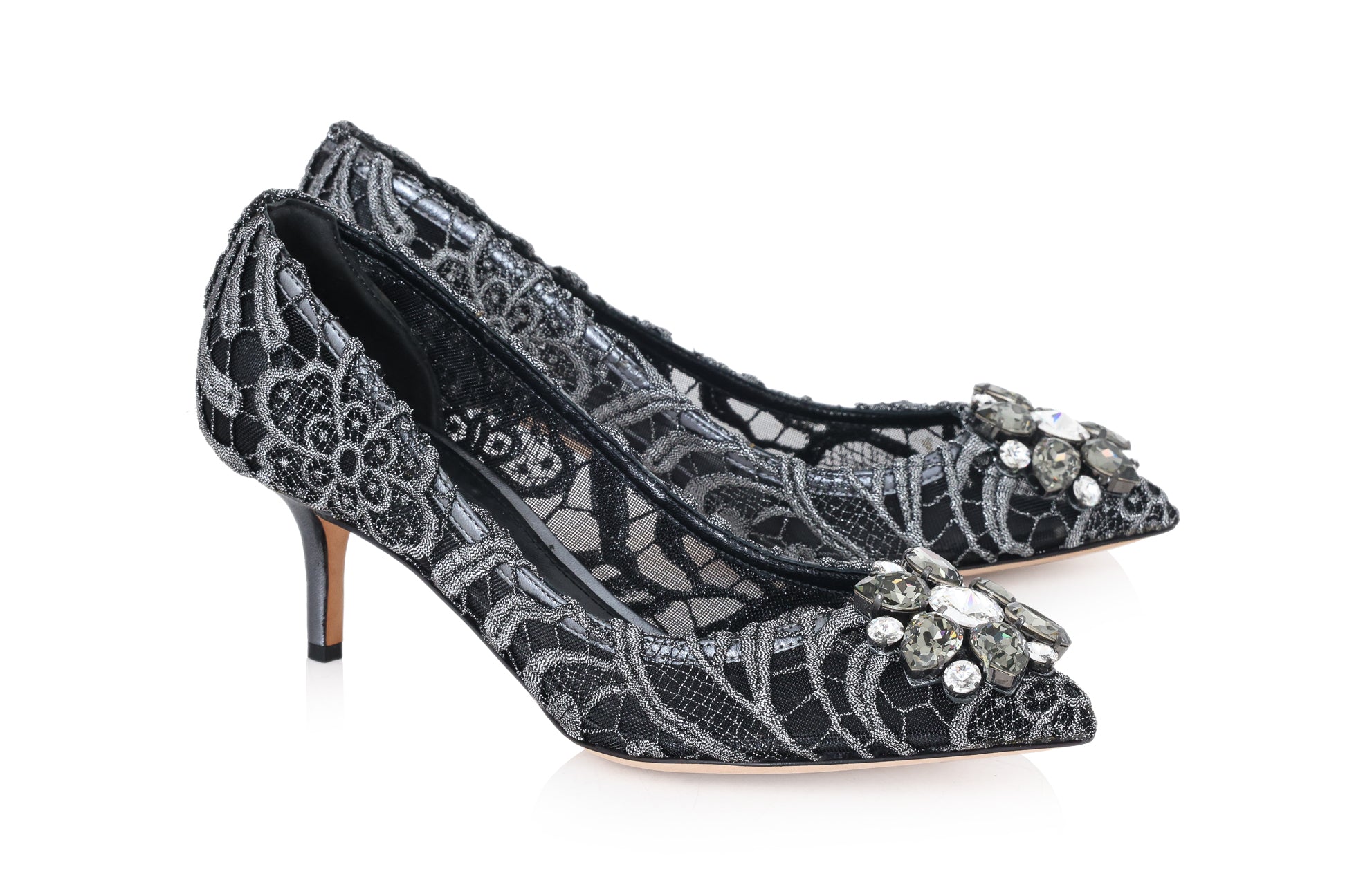 DOLCE & GABBANA – A PAIR OF ANTHRACITE ‘BELLUCCI’ EMBELLISHED LACE PUMPS