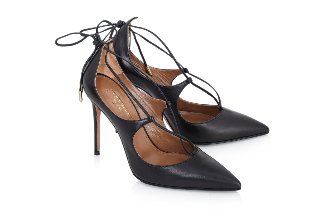 AQUAZZURA CHRISTY - A PAIR OF BLACK LEATHER LACE-UP HEEL