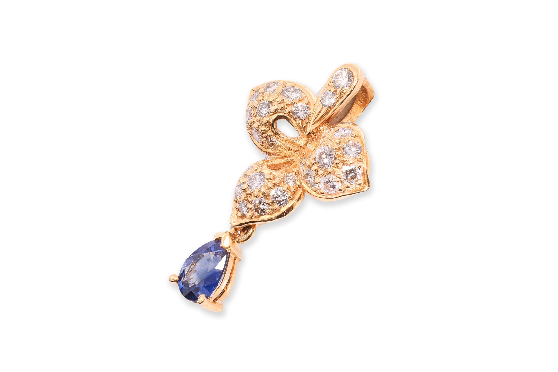 A HIGH KARAT GOLD SAPPHIRE AND DIAMOND 'LEAF' PENDANT