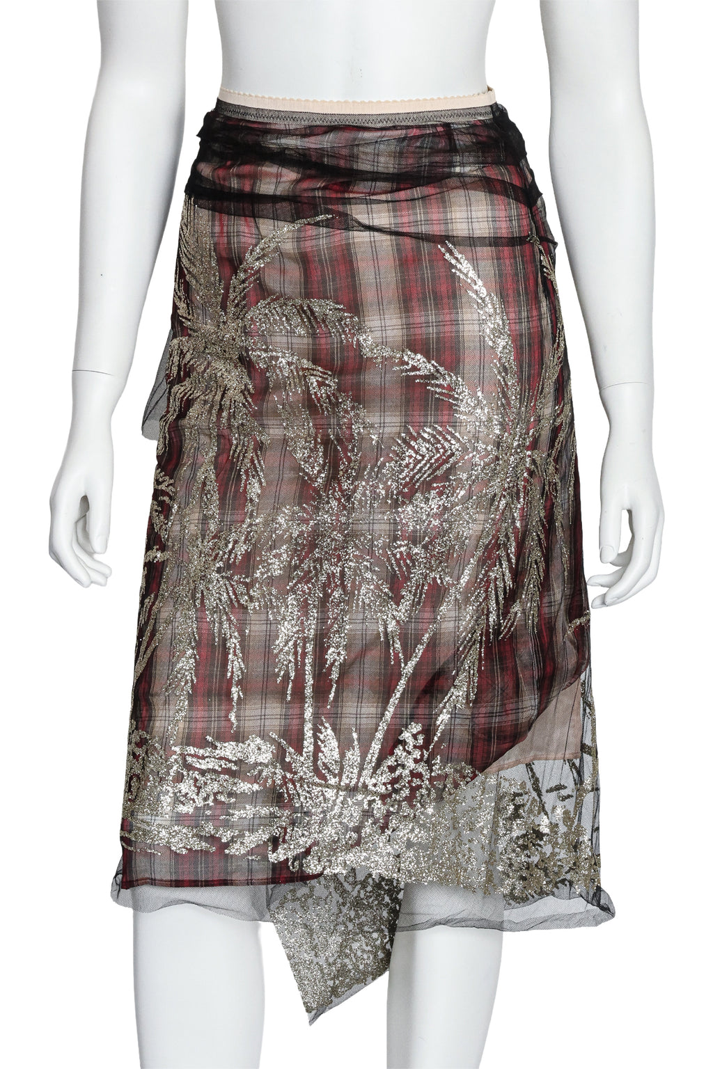 N°21 - A TULLE AND SILK LINED PLAID SKIRT WITH PALM TREE SEQUIN EMBELLISHMENT