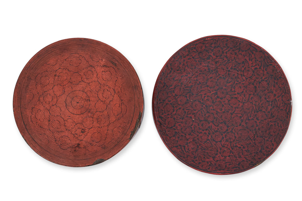 A GROUP OF FIVE BURMESE RED LACQUERED BOXES AND CUPS (5)
