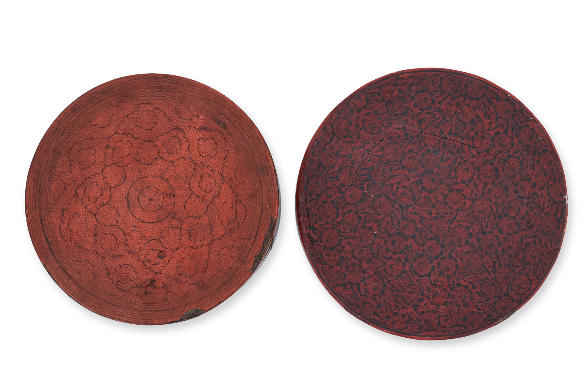 A GROUP OF FIVE BURMESE RED LACQUERED BOXES AND CUPS (5)