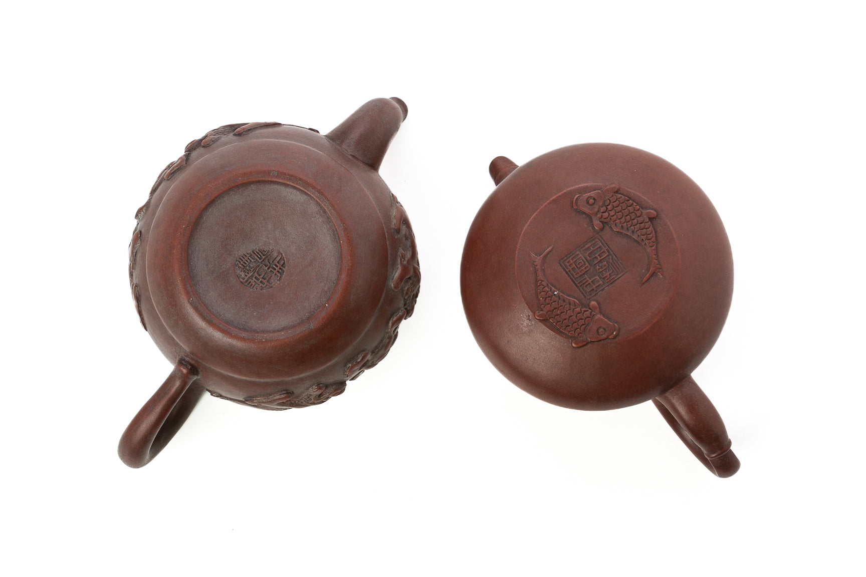 TWO DECORATED YIXING POTTERY TEA POTS