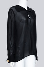 VALENTINO - A BLACK SHEER COLLARED BLOUSE WITH FAUX PEARL CUFF BUTTONS