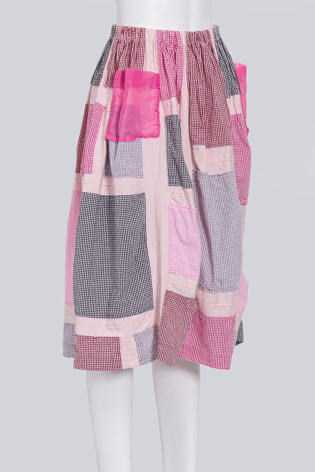 COMME DES GARCONS TRICOT - A 2017 PINK CANVAS CHECKED PATCHWORK SKIRT