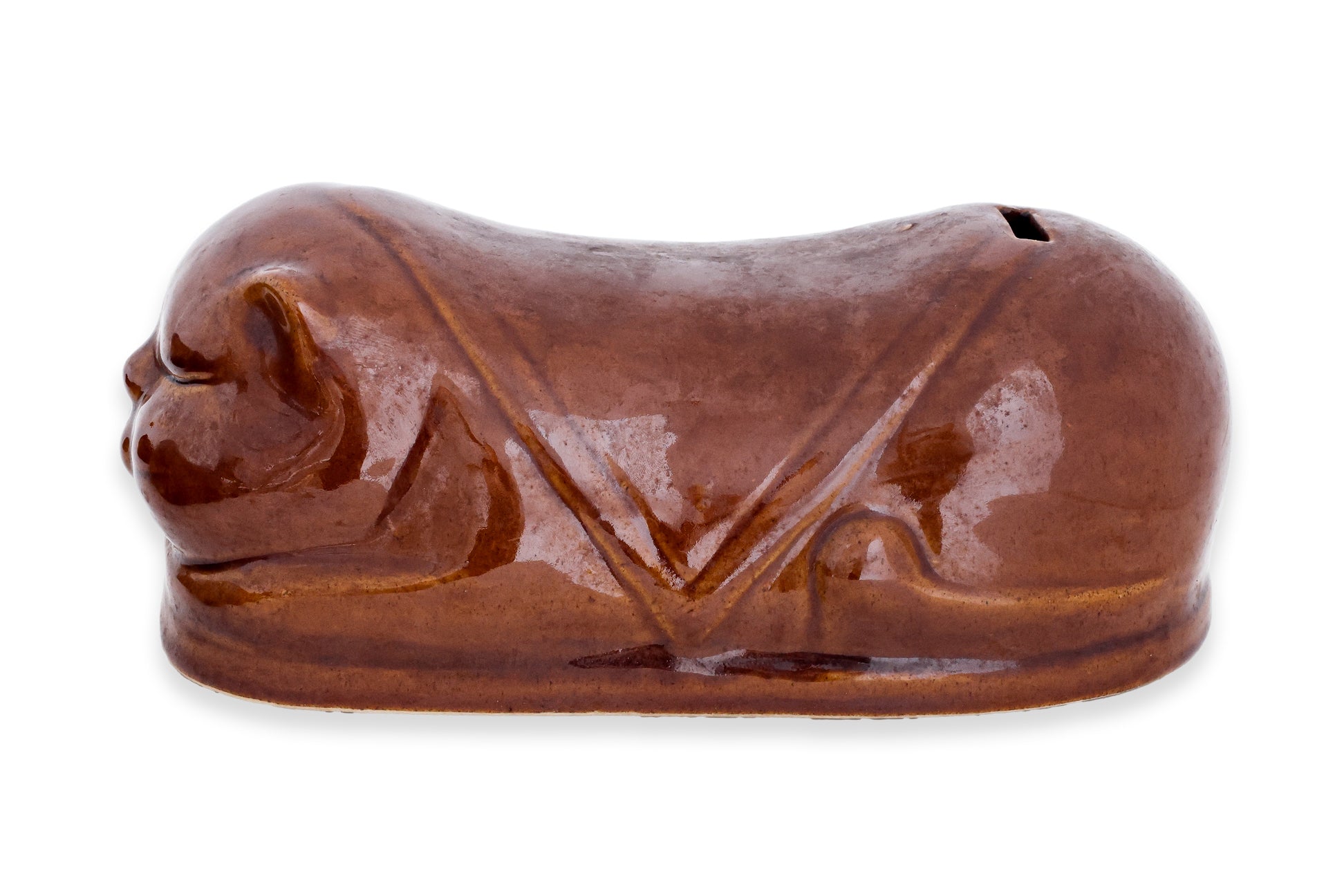 A GROUP OF THREE BROWN GLAZED CERAMIC PILLOW MONEY BOXES