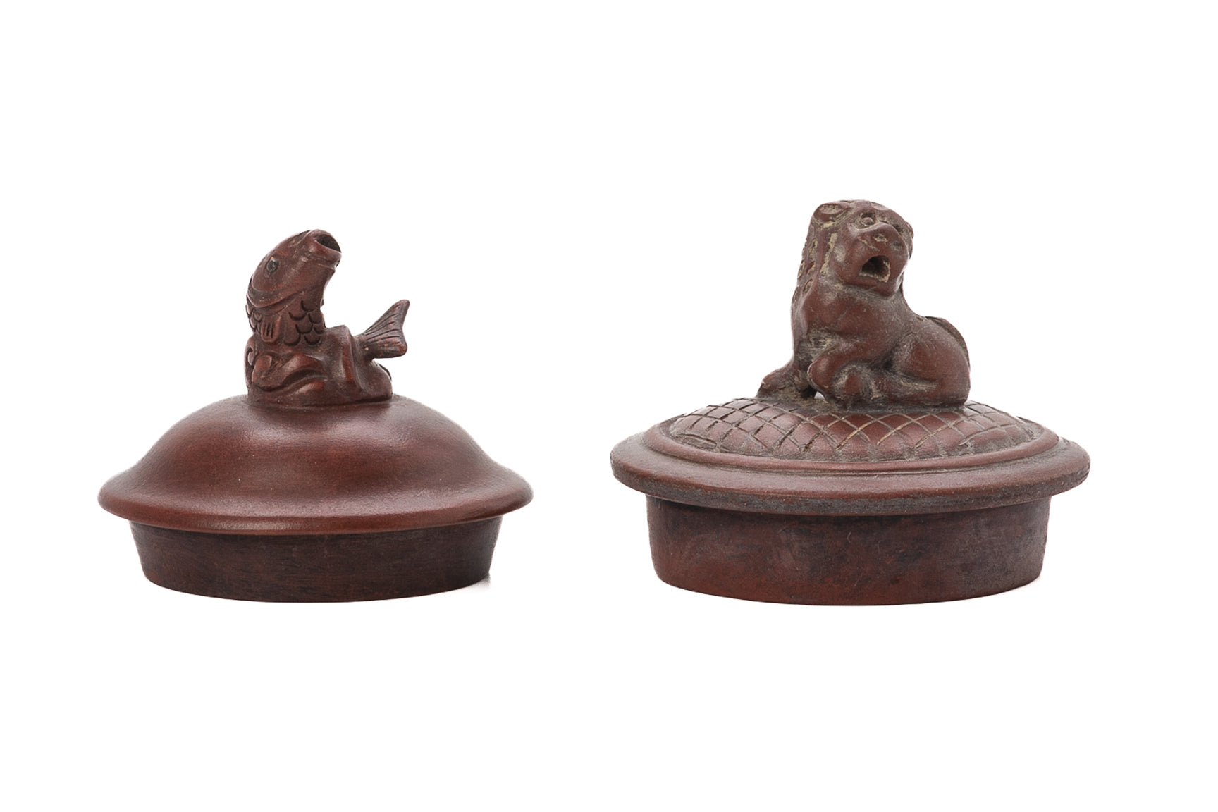 TWO DECORATED YIXING POTTERY TEA POTS