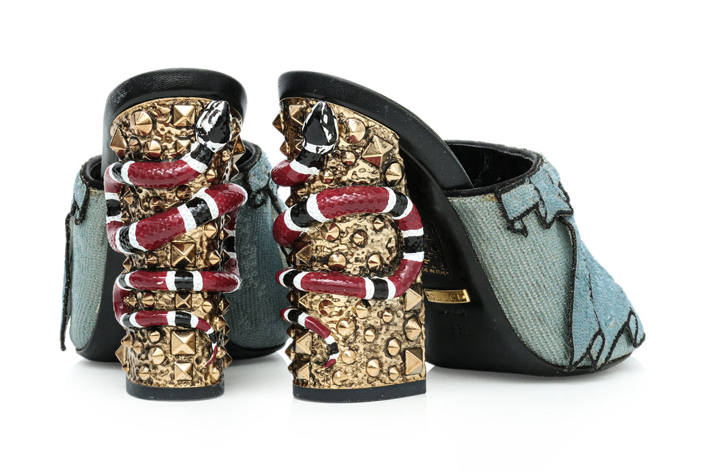 GUCCI - A PAIR OF BLUE SEQUIN RUFFLE TROMPE L'OEIL MULES