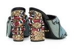 GUCCI - A PAIR OF BLUE SEQUIN RUFFLE TROMPE L'OEIL MULES