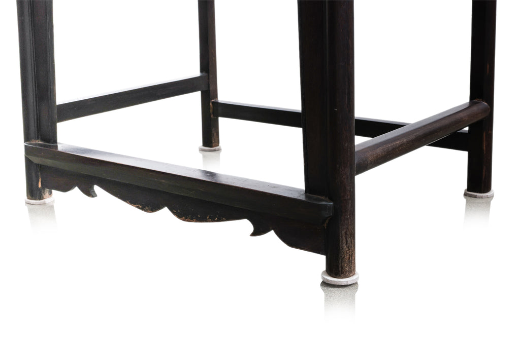 A PAIR OF RAIL BACK HARDWOOD ARMCHAIRS AND SIDE TABLE