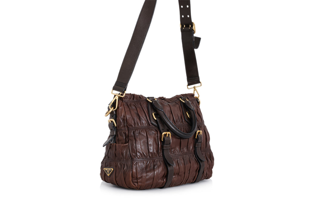 PRADA - A NAPPA GAUFRE BROWN LEATHER SATCHEL BAG
