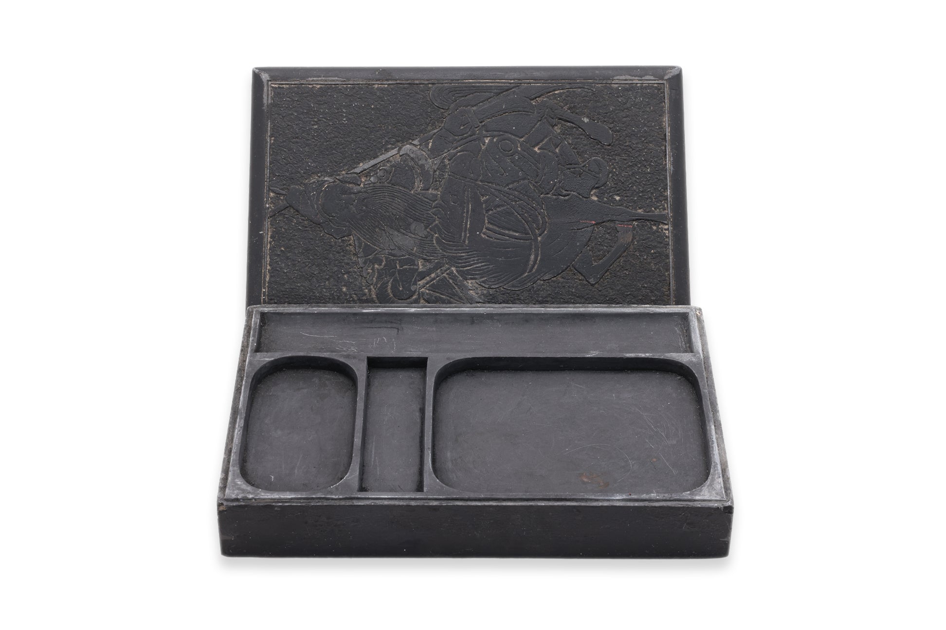 A INK STONE WITH CARVED GUANDI TO COVER