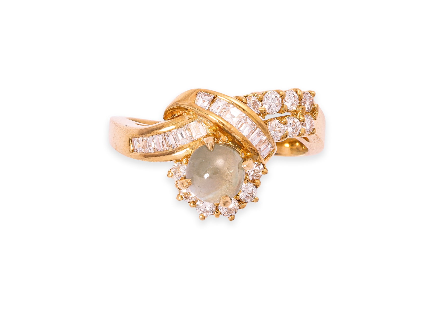 A CAT'S EYE CHRYSOBERYL AND DIAMOND RING