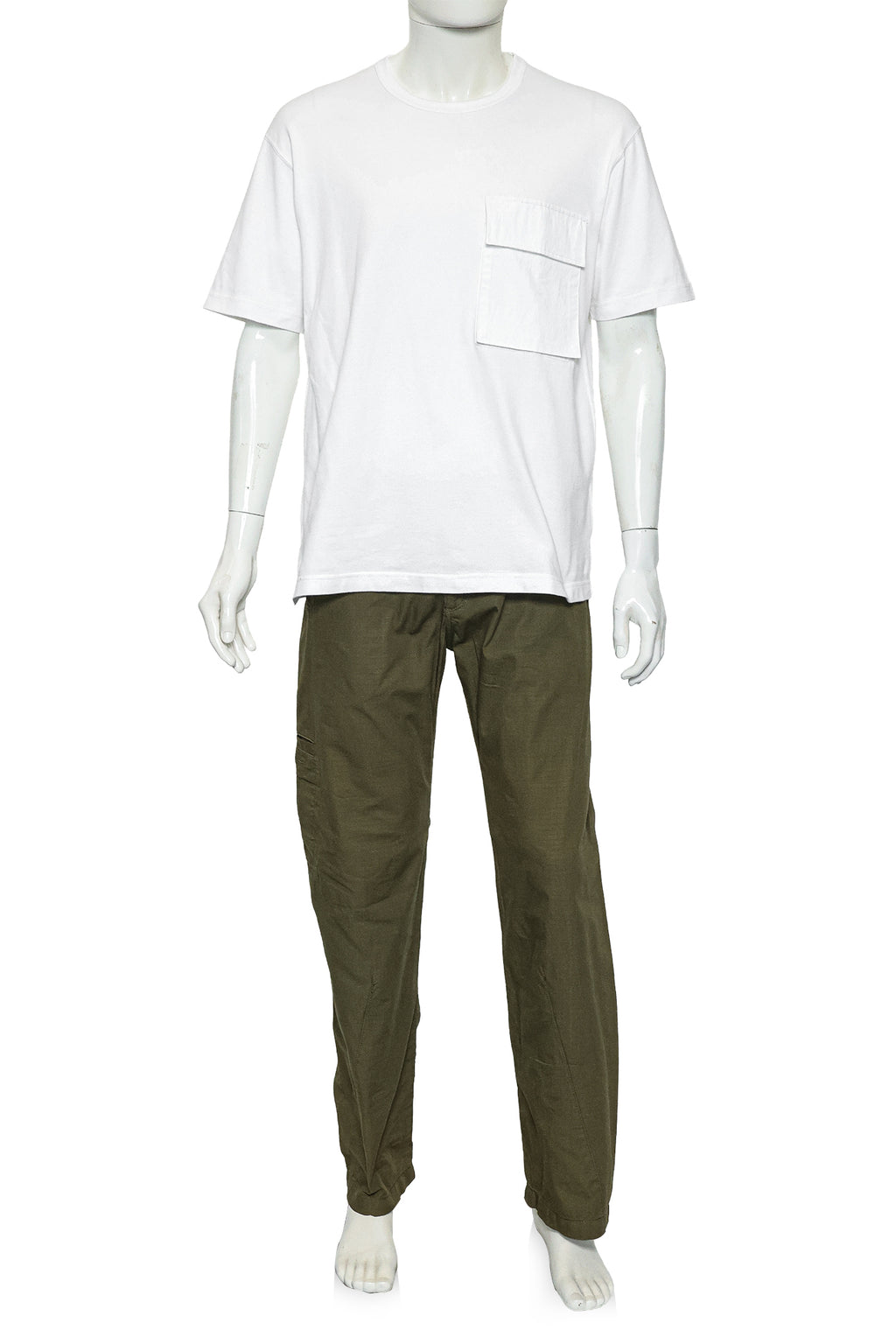 COMME DES GARCONS HOMME - A WHITE T-SHIRT AND OLIVE TROUSERS ENSEMBLE