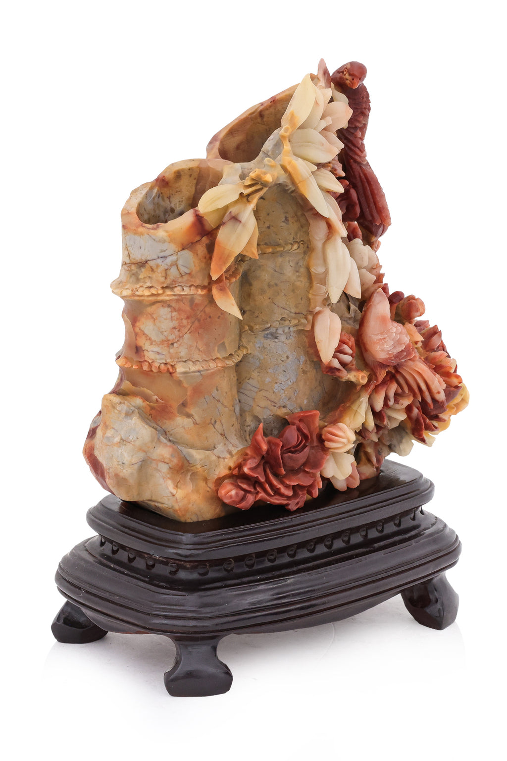A SHOUSHAN STONE MODEL OF BAMBOO WITH BIRDS AND PEONIES