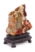 A SHOUSHAN STONE MODEL OF BAMBOO WITH BIRDS AND PEONIES