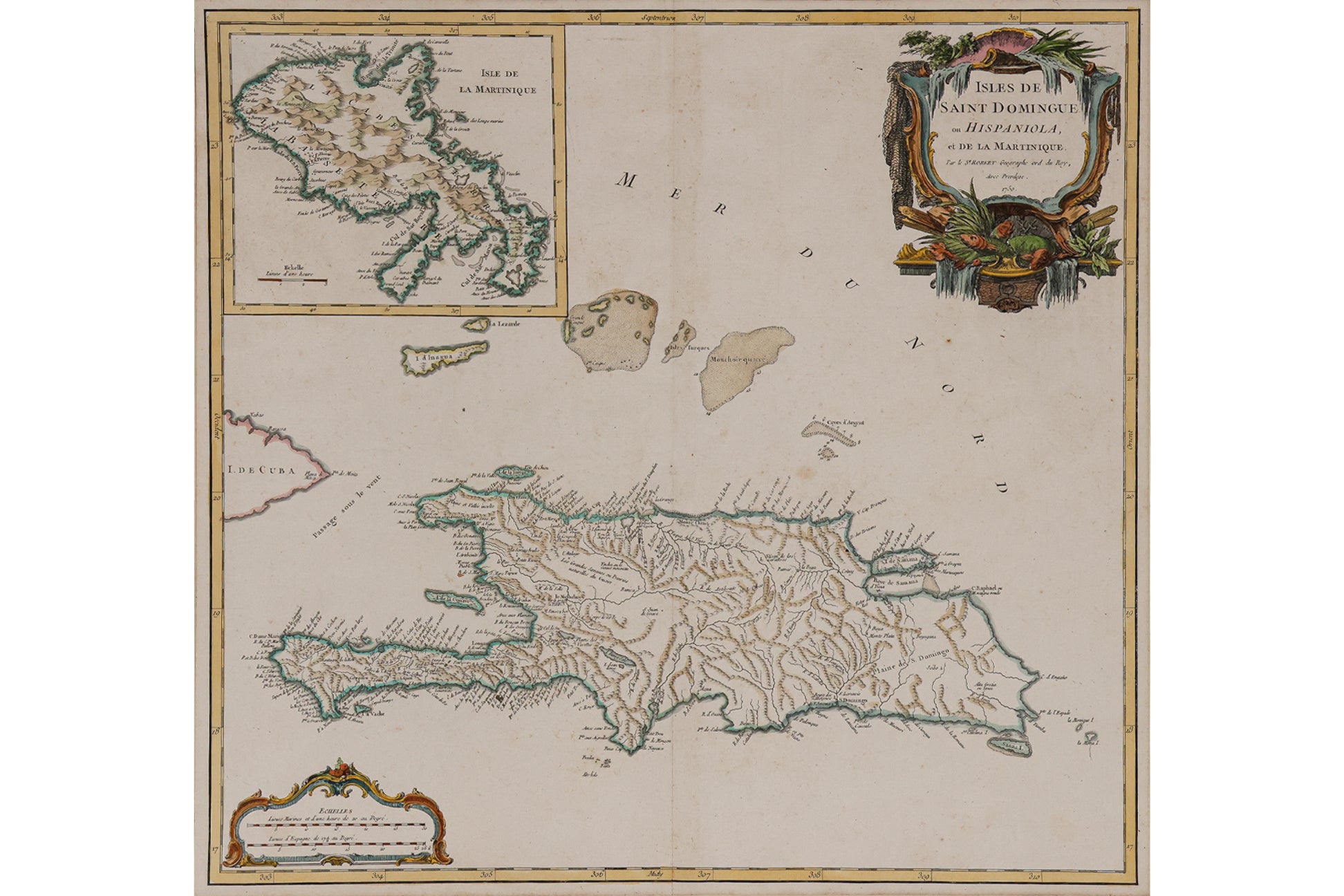 ISLES DE SAINT DOMINGUE, HISPANIOLA, ET DE LA MARTINIQUE, ROBERT DE VAUGONDY, 1757
