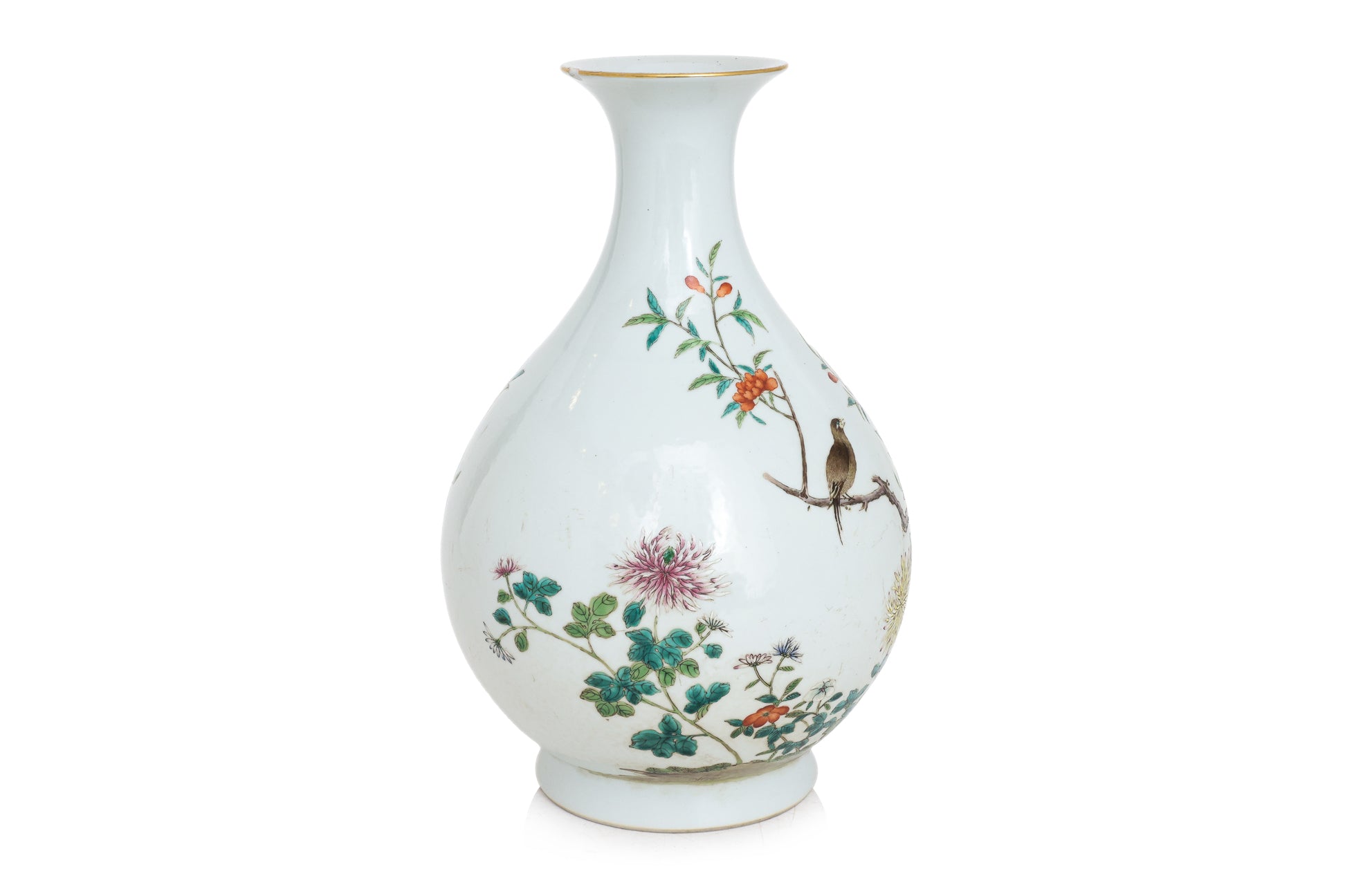 A FAMILLE ROSE 'BIRDS AND FLOWERS' BOTTLE VASE