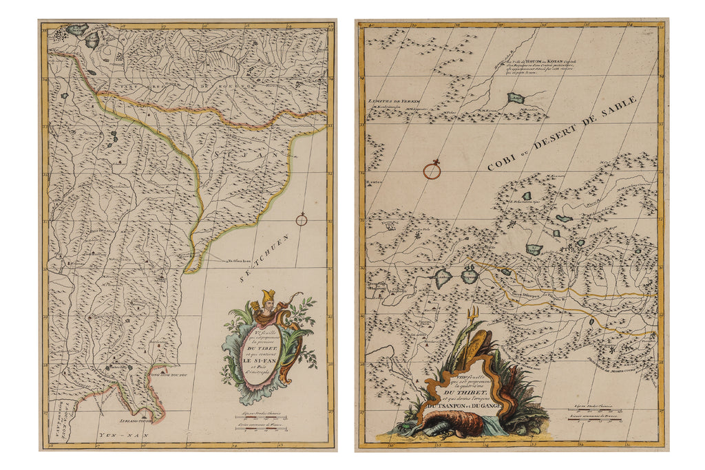 TWO EARLY HAND-COLOURED AND ENGRAVED MAPS OF TIBET, JEAN B. B. D'ANVILLE, 1737