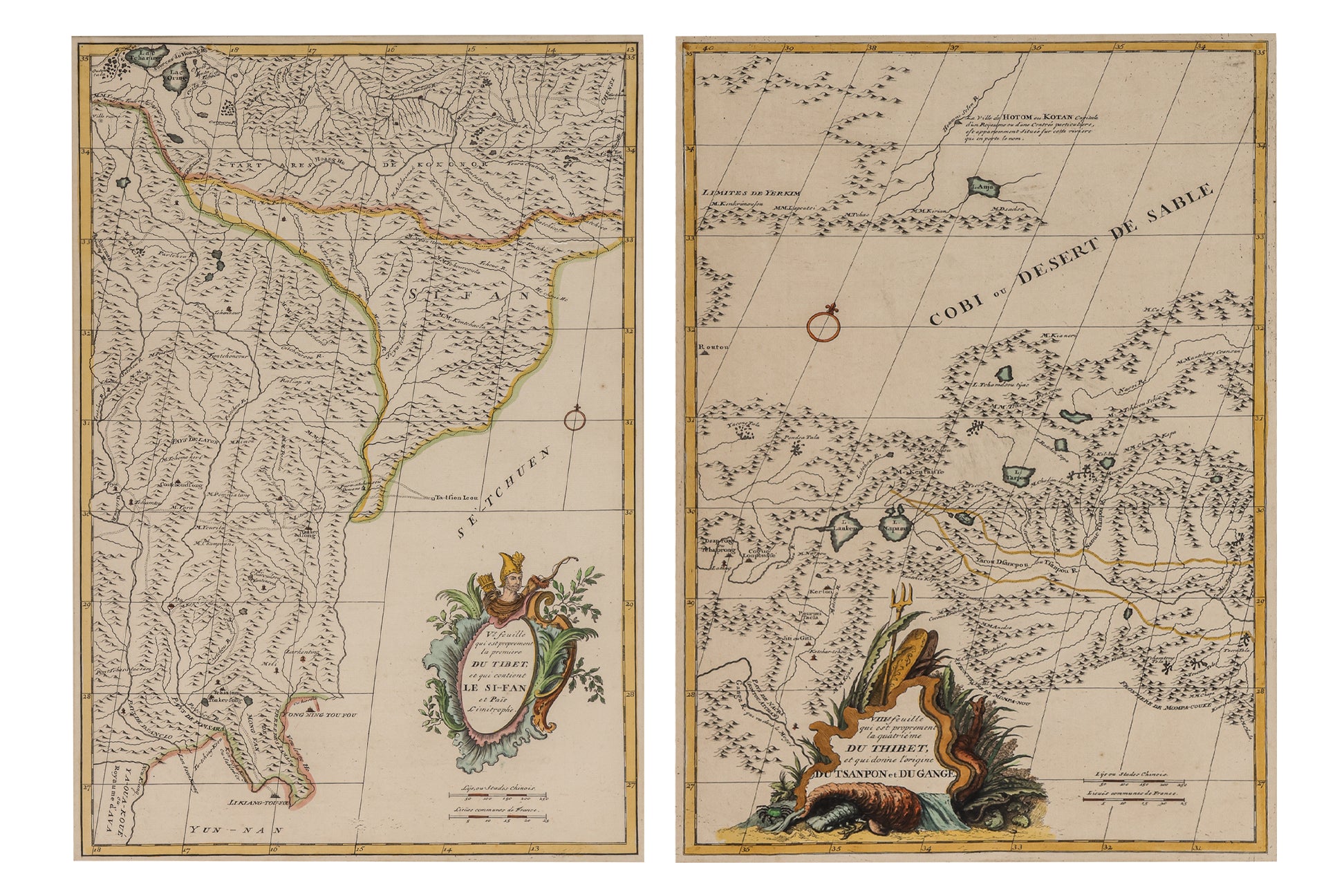 TWO EARLY HAND-COLOURED AND ENGRAVED MAPS OF TIBET, JEAN B. B. D'ANVILLE, 1737
