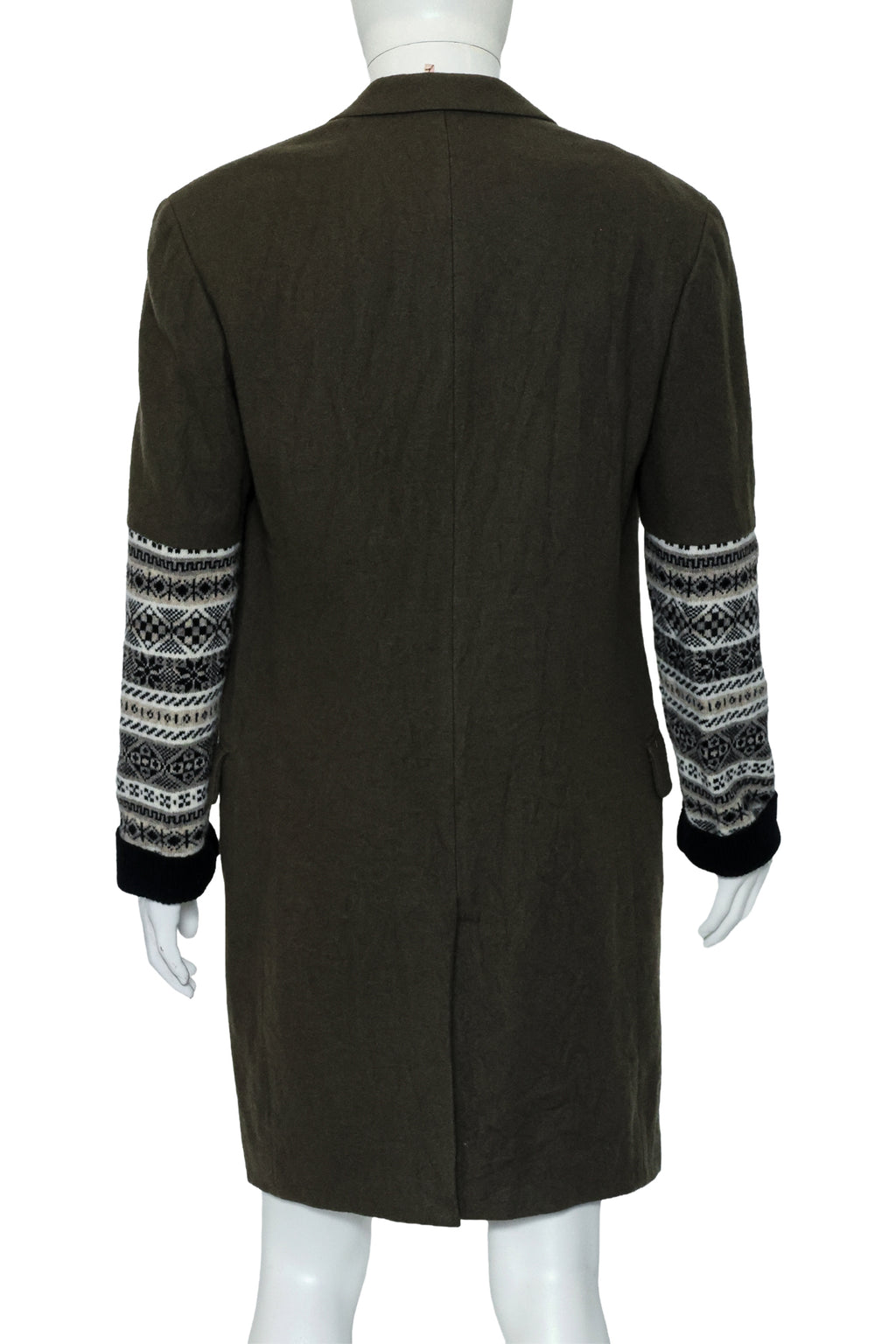 YOHJI YAMAMOTO POUR HOMME - AN OLIVE WOOL COAT WITH CONTRAST KNITTED SLEEVE