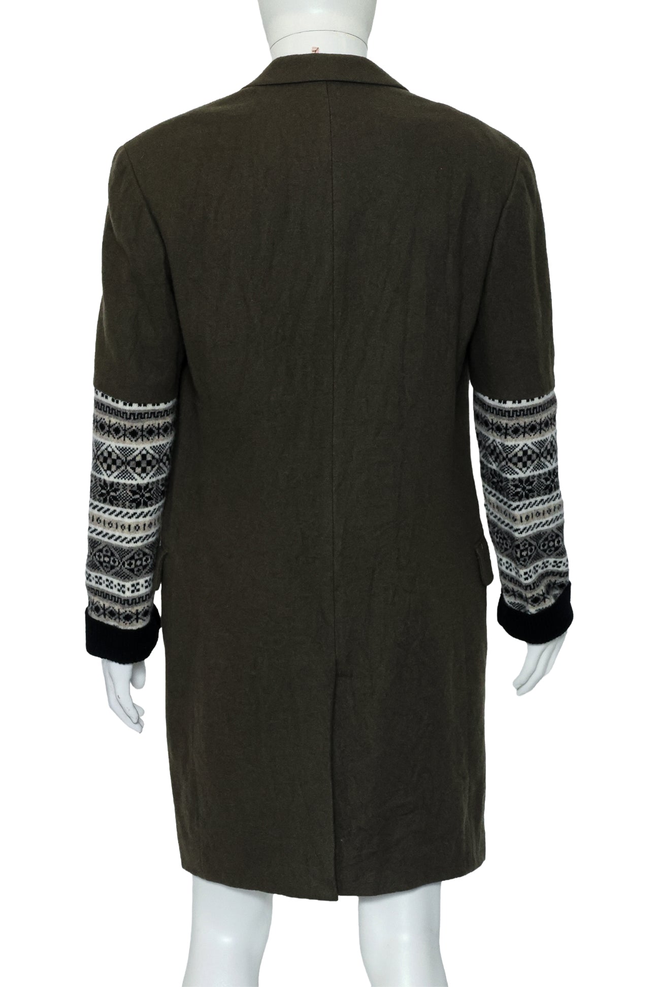YOHJI YAMAMOTO POUR HOMME - AN OLIVE WOOL COAT WITH CONTRAST KNITTED SLEEVE