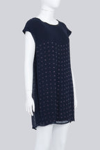 SACAI - A NAVY AND BLACK SILK-COTTON DRESS WITH PURPLE BEADED SQUARE MOTIF