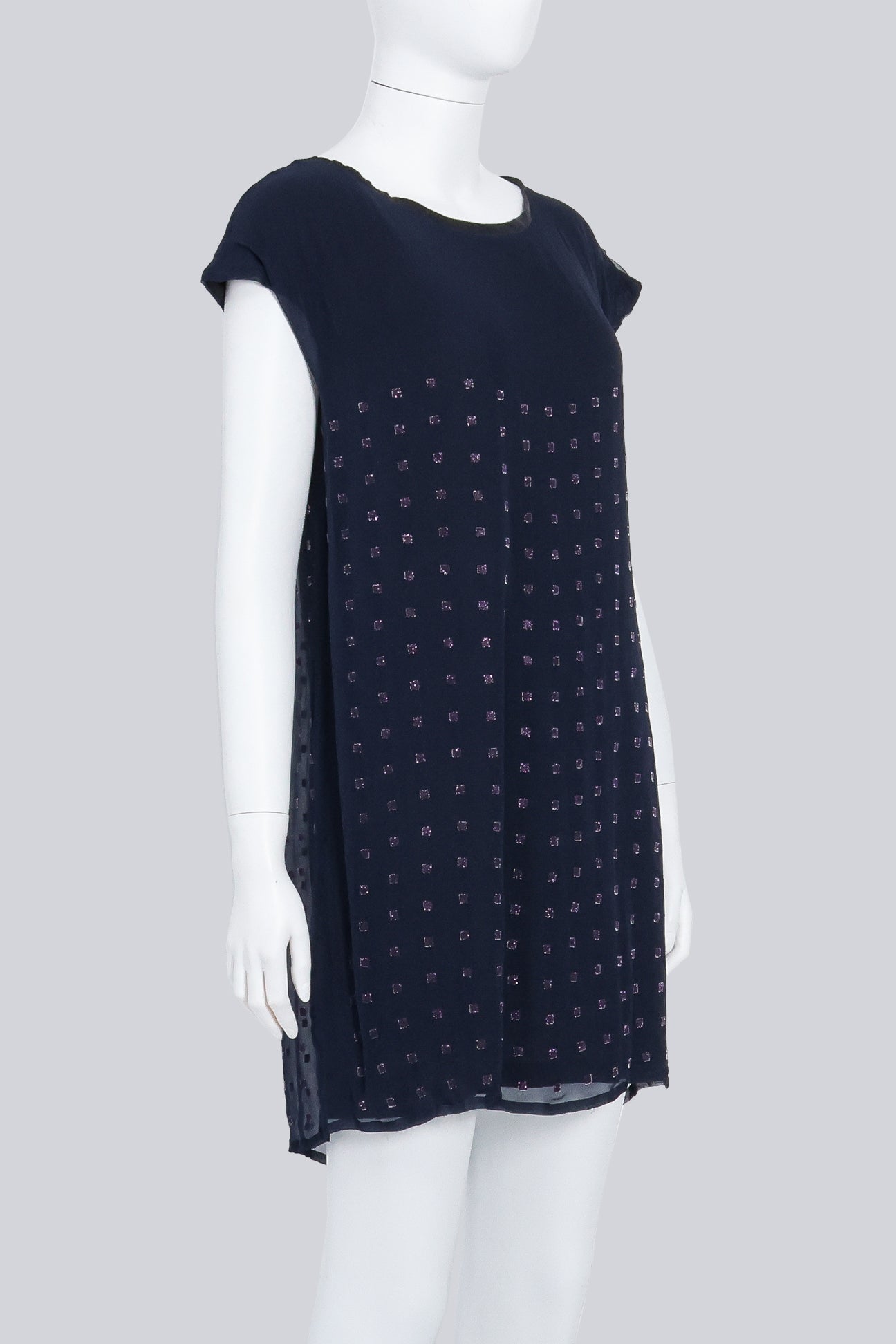 SACAI - A NAVY AND BLACK SILK-COTTON DRESS WITH PURPLE BEADED SQUARE MOTIF